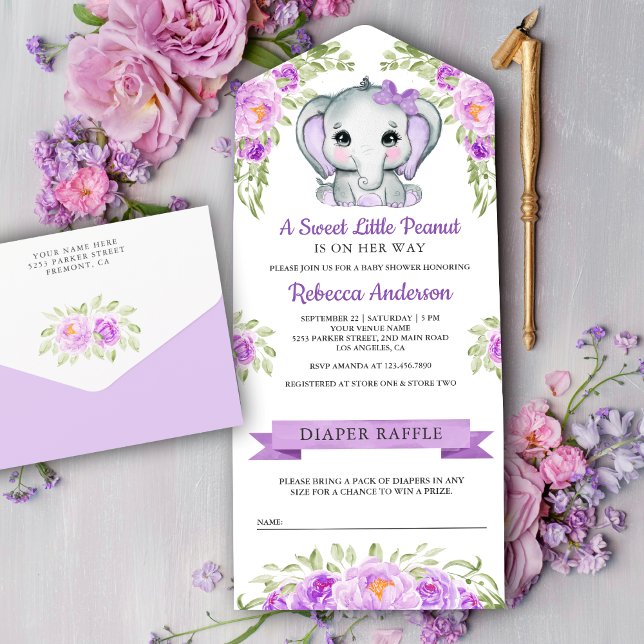 Cute Purple Bow Floral Elephant Baby Shower All In One Invitation (Creator Uploaded)