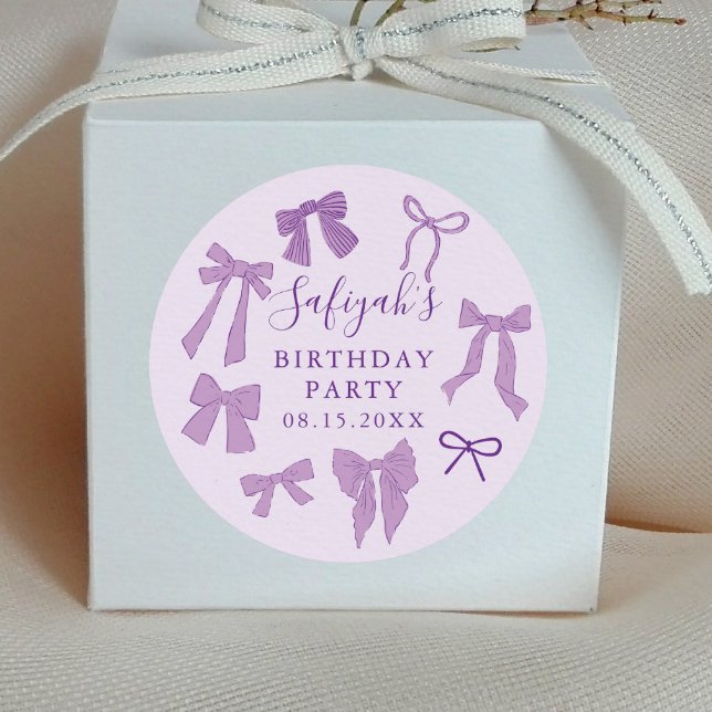 Cute Purple Bows Birthday Party Favour Classic Round Sticker (Creator Uploaded)
