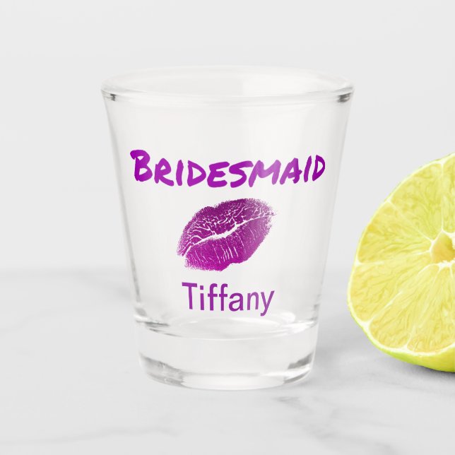 Cute Purple Bridesmaid Keepsake lipstick print Shot Glass (Front)
