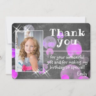 Cute Purple Bubbles Chalkboard Girly Photo Thank You Card