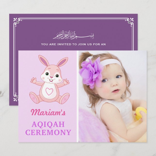 Cute Purple Bunny Baby Girl Photo Aqiqah Invitation (Front/Back)