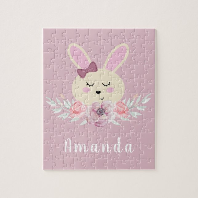 Cute Purple Bunny Rabbit Kids Custom Name Jigsaw Puzzle (Vertical)