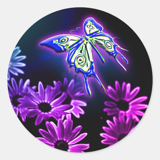Cute Purple Butterfly & Daisy Classic Round Sticker (Front)
