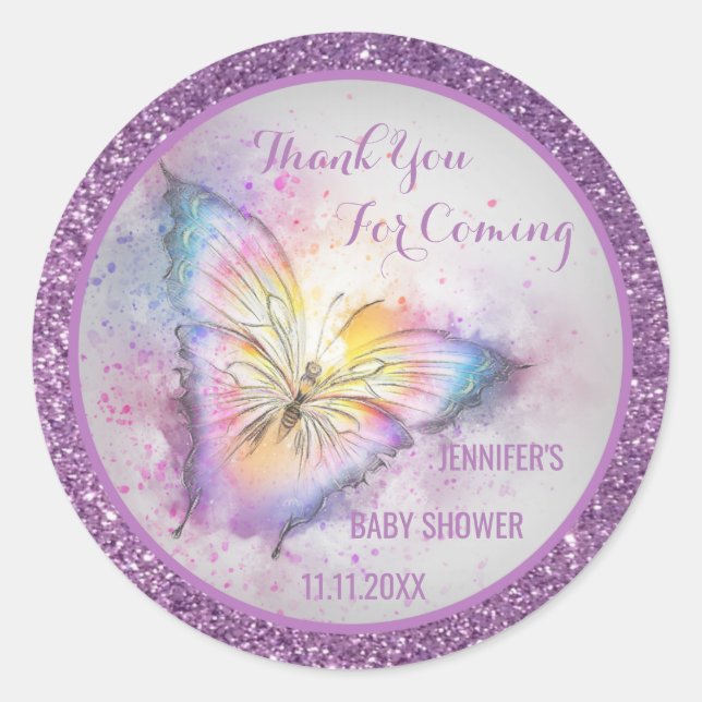 Cute Purple Butterfly Thank You Baby Shower Classic Round Sticker (Front)