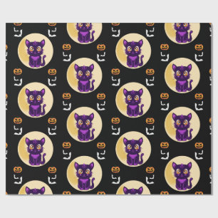 Cute Purple Cartoon cat kids halloween party Wrapping Paper