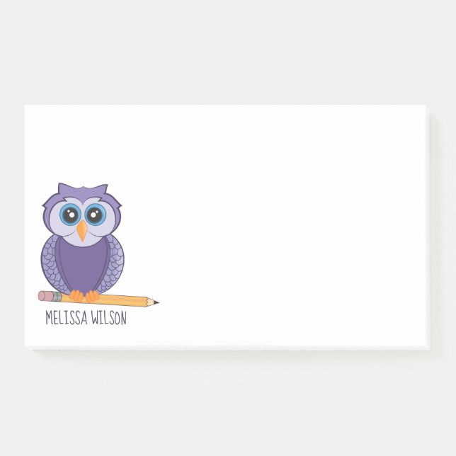 Cute Purple Cartoon Owl | Custom Name Post-it Notes (Front)
