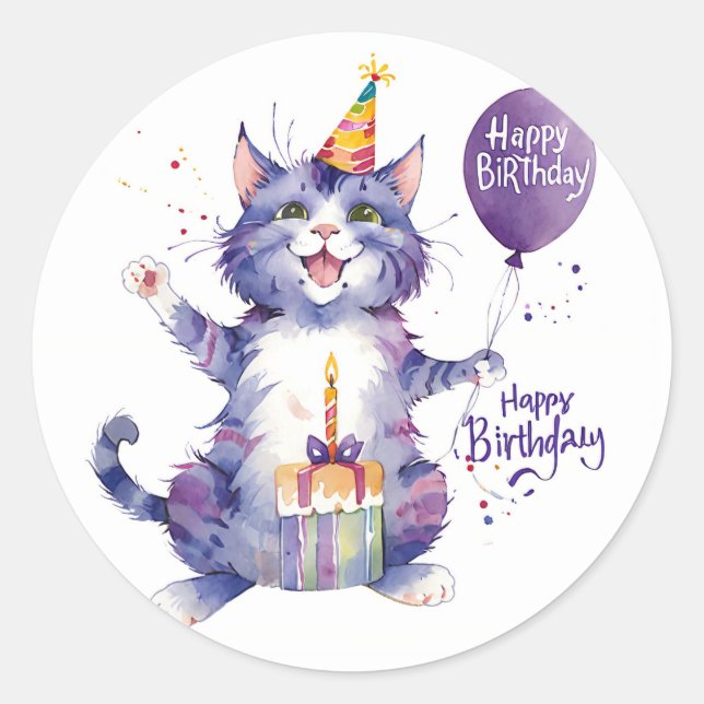 Cute Purple Cat Birthday Balloon - Birthday Classic Round Sticker (Front)