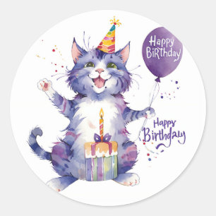 Cute Purple Cat Birthday Balloon - Birthday Classic Round Sticker