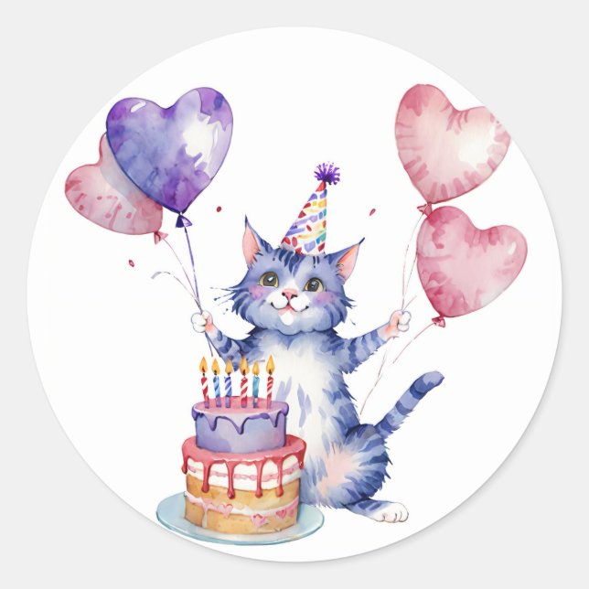 Cute Purple Cat Birthday Cake Balloon - Birthday Classic Round Sticker (Front)