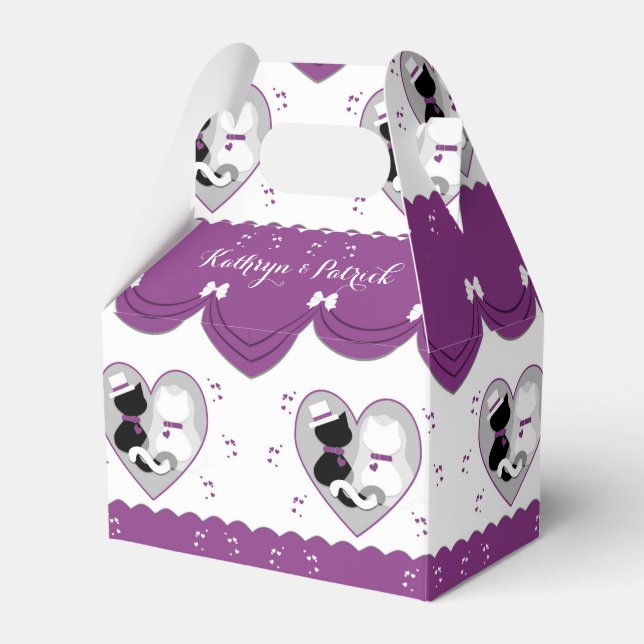 Cute Purple Cat Bride & Groom Wedding Favour Box (Front Side)