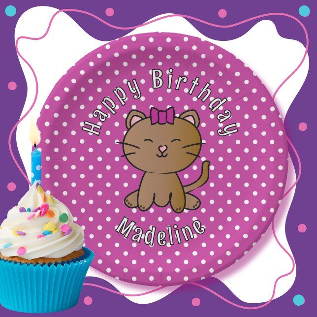 Cute Purple Cat Cartoon Sweet Kid's Birthday Party Paper Plate (Creator Uploaded)