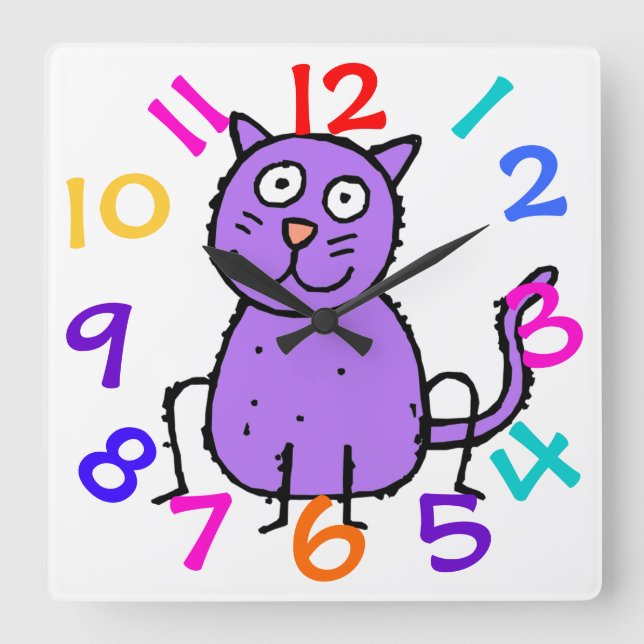 Cute Purple Cat Design Clock For Kids Room (Front)