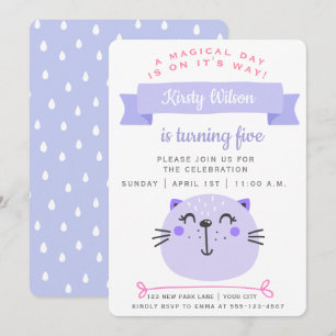 Cute Purple Cat Kids Birthday Invitation