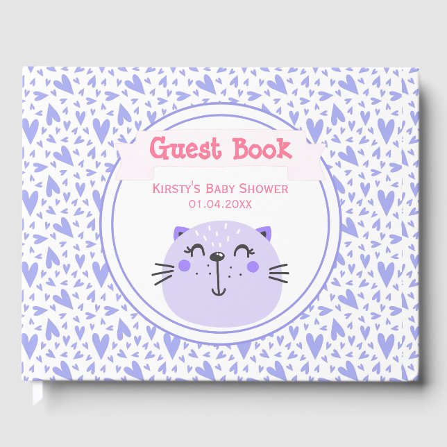 Cute Purple Cat | Lilac Hearts Baby Shower Guest Book (Front)