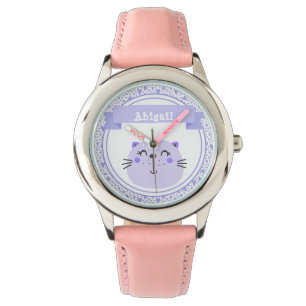 Cute Purple Cat & Lilac Hearts - Personalised Kids Watch