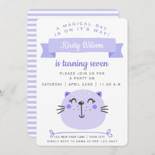 Cute Purple Cat   Lilac Stripes - Kids Birthday Invitation