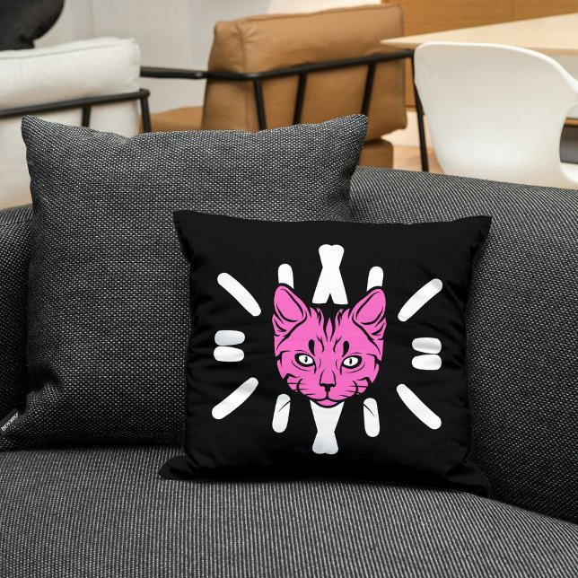 Cute Purple Cat On White Stripes Black Modern Cushion (Creator Uploaded)