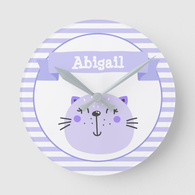 Cute Purple Cat | Personalised Nursery or Kids' Round Clock (Front)
