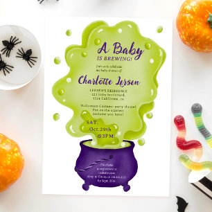 Cute purple cauldron green halloween baby shower invitation