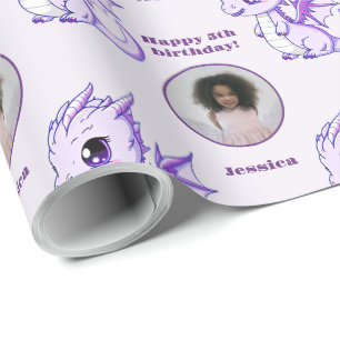 Cute Purple Chibi Dragon Custom Photo Text Wrapping Paper