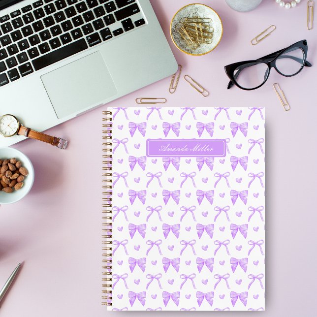 Cute Purple Coquette Bows Hearts Personalised Name Notebook (Creator Uploaded)