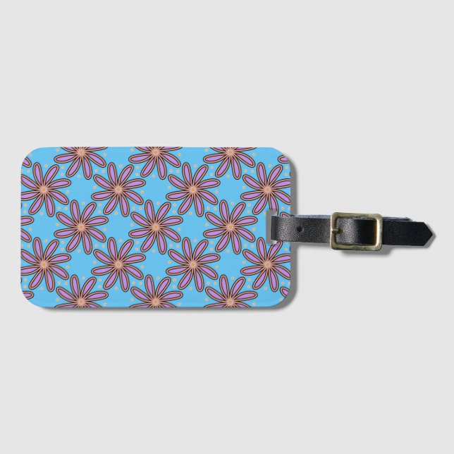 Cute Purple Daisies On Blue Luggage Tag (Front Horizontal)