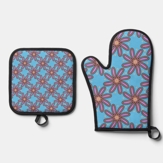 Cute Purple Daisies On Blue Oven Mitt & Pot Holder Set (Front)