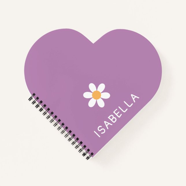 Cute Purple Daisy Name Heart-Shaped Notebook (Front)