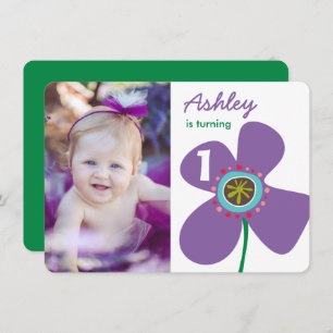 Cute Purple Daisy Pop Chic Photo Girl 1st Birthday Invitation