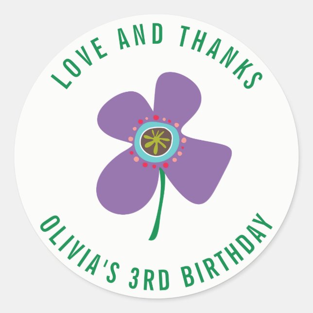 Cute Purple Daisy Pop Girl's Birthday Party Favour Classic Round Sticker (Front)