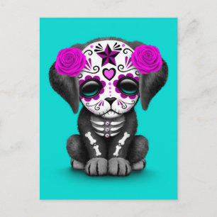 Cute Purple Day of the Dead Puppy Dog Blue Postcard