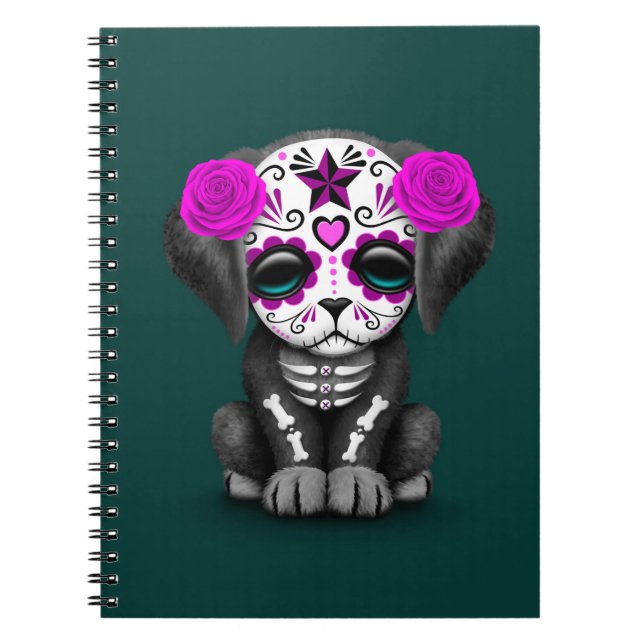 Cute Purple Day of the Dead Puppy Dog Teal Spiral Notebook (Front)