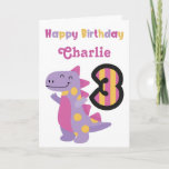 Cute Purple Dinosaur 3rd Birthday Card<br><div class="desc">Celebrate a special 3rd birthday with the adorable,  bright and colourful dinosaur birthday. Personalise the name to create the perfect card.</div>