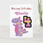 Cute Purple Dinosaur 4th Birthday Card<br><div class="desc">Celebrate a special 4th birthday with the adorable,  bright and colourful dinosaur birthday. Personalise the name to create the perfect card.</div>