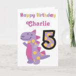 Cute Purple Dinosaur 5th Birthday Card<br><div class="desc">Celebrate a special 5th birthday with the adorable,  bright and colourful dinosaur birthday. Personalise the name to create the perfect card.</div>
