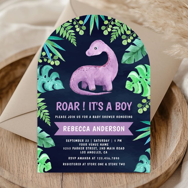 Cute Purple Dinosaur Arch Navy Blue Baby Shower Invitation (Creator Uploaded)