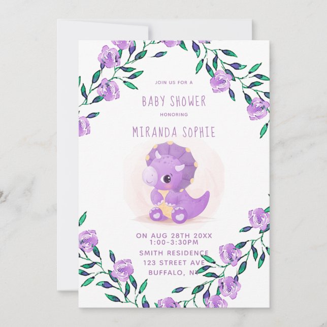Cute Purple Dinosaur Girl Baby Shower  Invitation (Front)