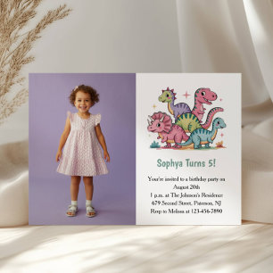 Cute Purple Dinosaur Photo Kids Birthday Party Invitation