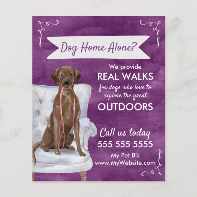 Cute Purple Dog Walker Flyer with Swirls Banner (Front)