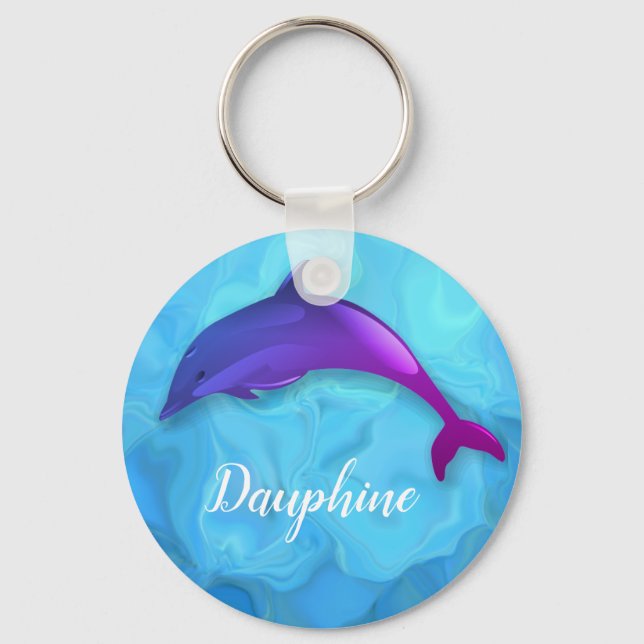 Cute  purple  dolphin  in water -  add name key ring (Front)