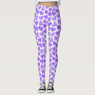 Cute Purple Doodled Heart Valentine's Day Monogram Leggings