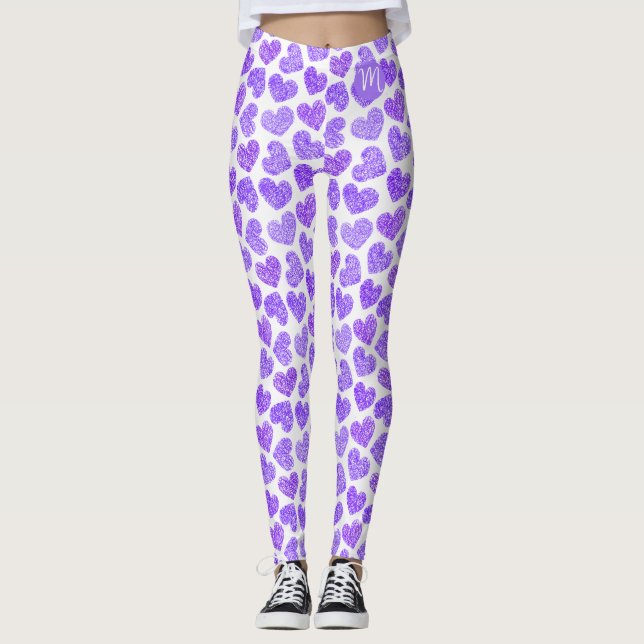Cute Purple Doodled Heart Valentine's Day Monogram Leggings (Front)