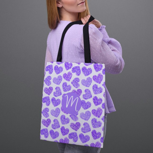 Cute Purple Doodled Heart Valentine's Day Monogram Tote Bag (Creator Uploaded)