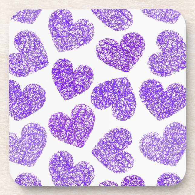 Cute Purple Doodled Heart Valentine's Day Pattern Coaster (Front)