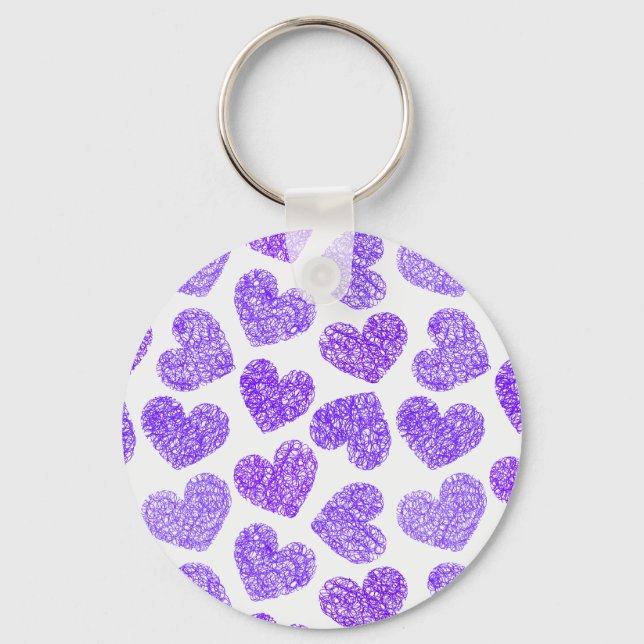 Cute Purple Doodled Heart Valentine's Day Pattern Key Ring (Front)