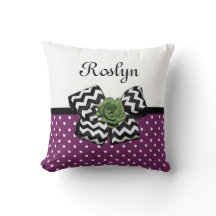 Cute Purple Dots Green Rose Chevron Bow With Name