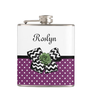 Cute Purple Dots Green Rose Chevron Bow With Name Hip Flask