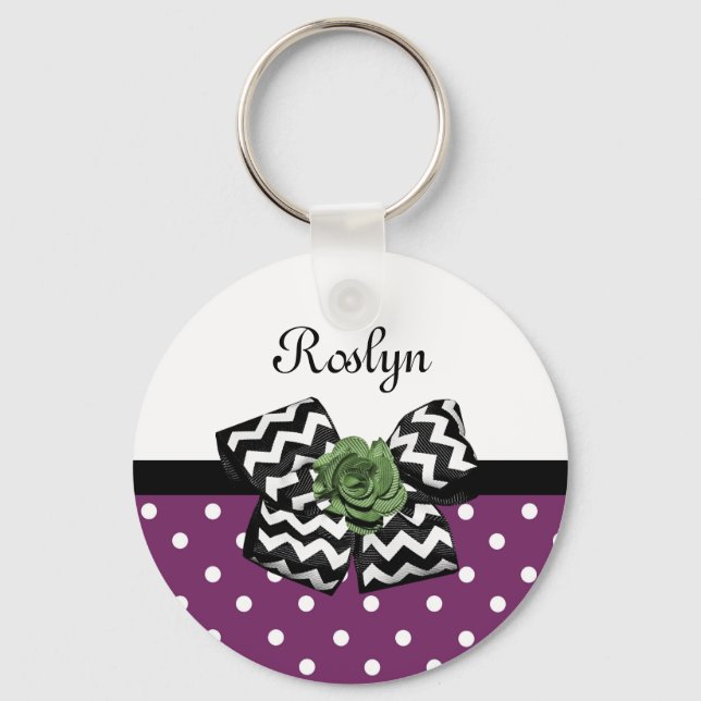 Cute Purple Dots Green Rose Chevron Bow With Name Key Ring (Front)