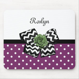 Cute Purple Dots Green Rose Chevron Bow With Name Mouse Pad
