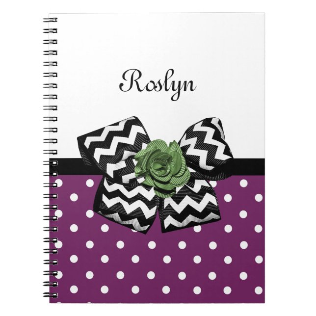 Cute Purple Dots Green Rose Chevron Bow With Name Notebook (Front)